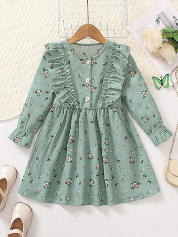Vintaside Kids Young Girl Front Button Long Sleeve Flower Pattern Detailed Simple Dress