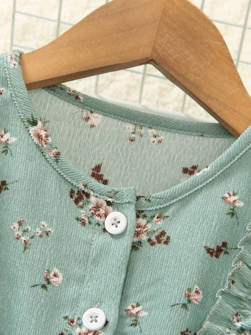 Vintaside Kids Young Girl Front Button Long Sleeve Flower Pattern Detailed Simple Dress
