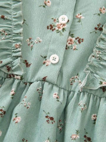 Vintaside Kids Young Girl Front Button Long Sleeve Flower Pattern Detailed Simple Dress