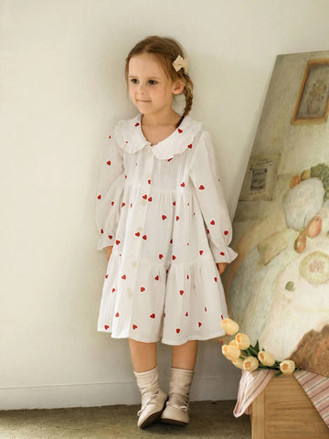 Young Girl Heart Print Peter Pan Collar Long Sleeve Single-Breasted Ruffle Hem Loose Cute Dress