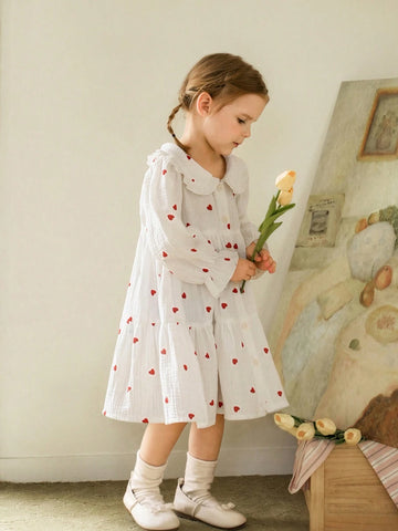 Young Girl Heart Print Peter Pan Collar Long Sleeve Single-Breasted Ruffle Hem Loose Cute Dress