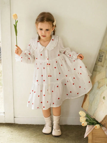 Young Girl Heart Print Peter Pan Collar Long Sleeve Single-Breasted Ruffle Hem Loose Cute Dress