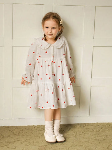 Young Girl Heart Print Peter Pan Collar Long Sleeve Single-Breasted Ruffle Hem Loose Cute Dress