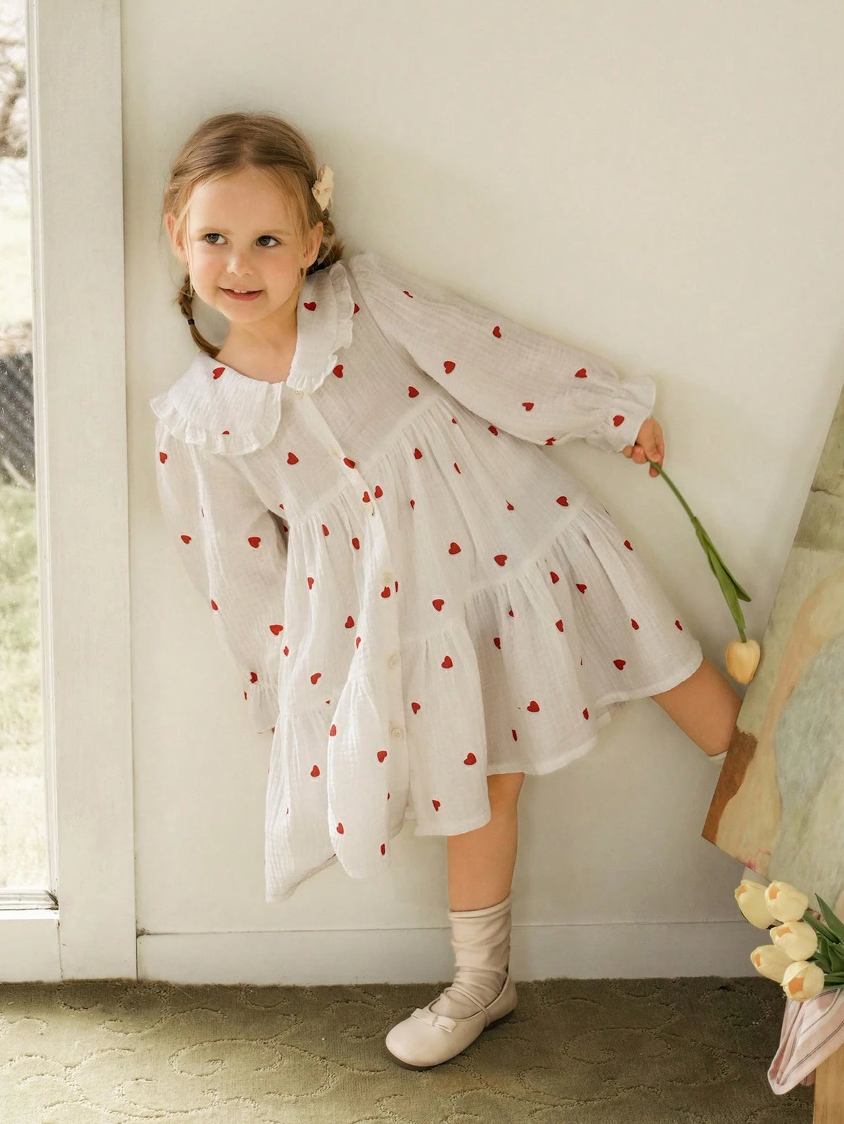 Young Girl Heart Print Peter Pan Collar Long Sleeve Single-Breasted Ruffle Hem Loose Cute Dress