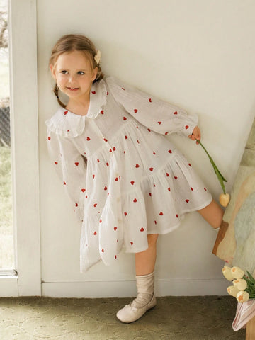Young Girl Heart Print Peter Pan Collar Long Sleeve Single-Breasted Ruffle Hem Loose Cute Dress