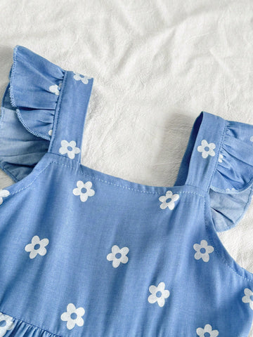 Young Girl Summer Floral Print Square Collar Cap Sleeve Cute Dress