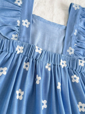 Young Girl Summer Floral Print Square Collar Cap Sleeve Cute Dress