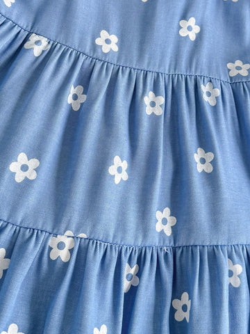 Young Girl Summer Floral Print Square Collar Cap Sleeve Cute Dress