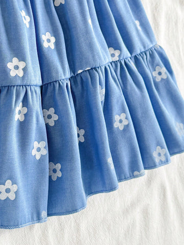 Young Girl Summer Floral Print Square Collar Cap Sleeve Cute Dress