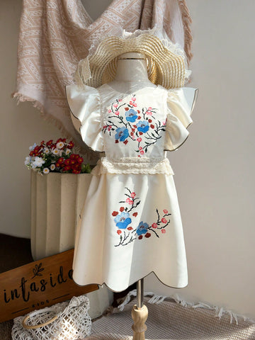 Vintaside Kids Young Girls Dress. The Solid Base Color Complements The Beautiful Floral Pattern.