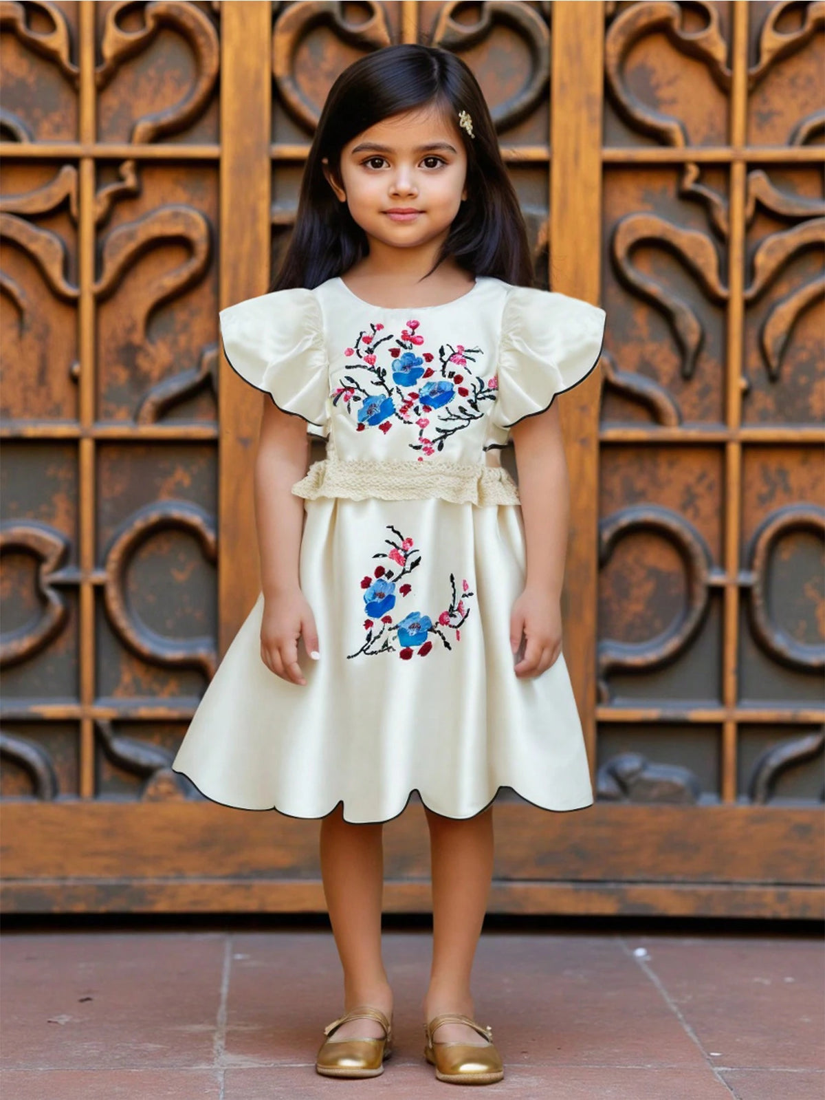 Vintaside Kids Young Girls Dress. The Solid Base Color Complements The Beautiful Floral Pattern.