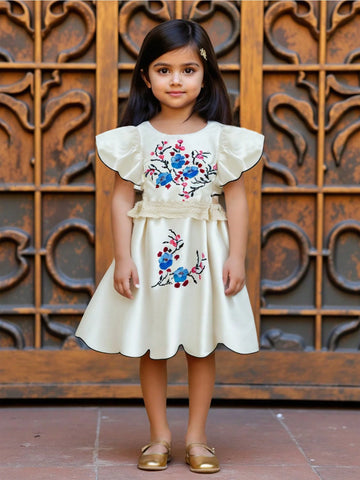Vintaside Kids Young Girls Dress. The Solid Base Color Complements The Beautiful Floral Pattern.