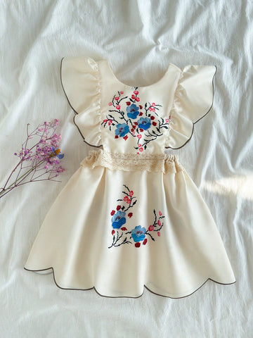 Vintaside Kids Young Girls Dress. The Solid Base Color Complements The Beautiful Floral Pattern.