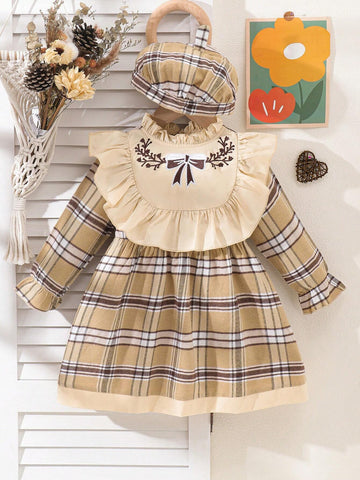 Vintaside Kids Young Girls Elegant Palace Style High Collar Long Sleeve Plaid Embroidered Dress With Plaid Hat, 1pc Set, Autumn/Winter