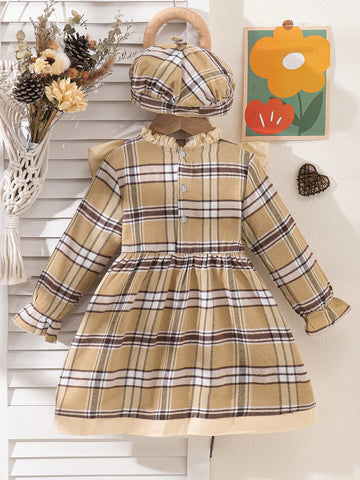Vintaside Kids Young Girls Elegant Palace Style High Collar Long Sleeve Plaid Embroidered Dress With Plaid Hat, 1pc Set, Autumn/Winter