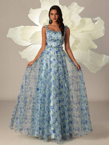 Vipgirl Blue Floral Print Tea Length French Style Spaghetti Strap Evening Prom Dress