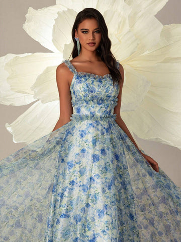Vipgirl Blue Floral Print Tea Length French Style Spaghetti Strap Evening Prom Dress