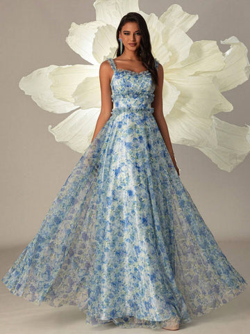 Vipgirl Blue Floral Print Tea Length French Style Spaghetti Strap Evening Prom Dress