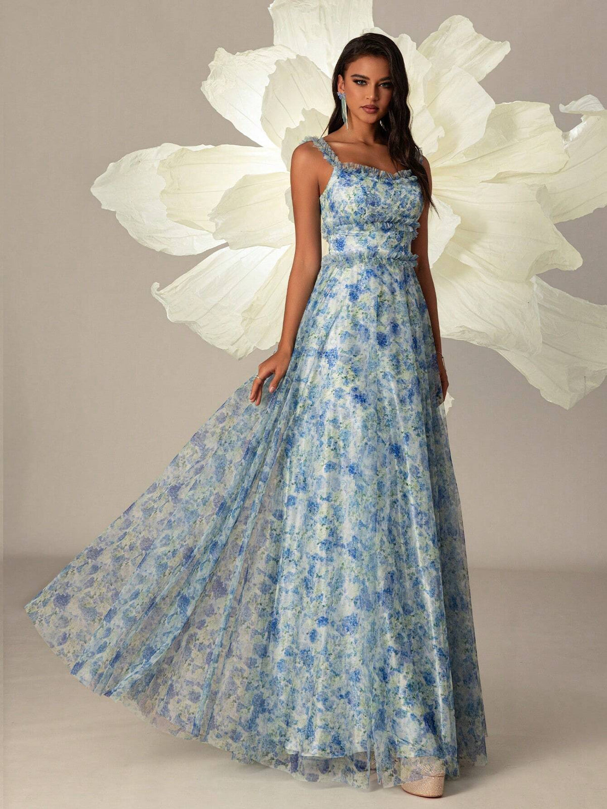 Vipgirl Blue Floral Print Tea Length French Style Spaghetti Strap Evening Prom Dress