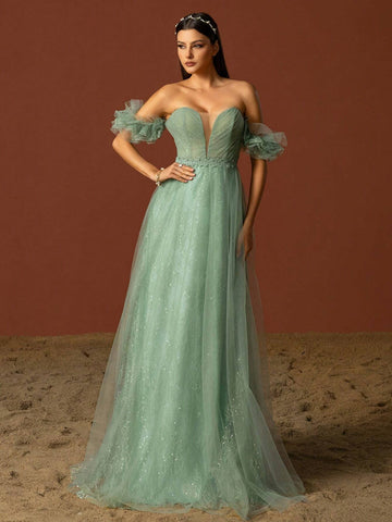 Vipgirl Off Shoulder Mesh Elegant Women Evening Dress, Light Green Wedding Dress