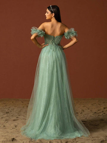 Vipgirl Off Shoulder Mesh Elegant Women Evening Dress, Light Green Wedding Dress