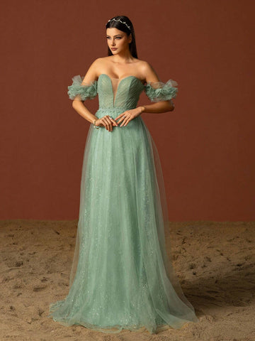Vipgirl Off Shoulder Mesh Elegant Women Evening Dress, Light Green Wedding Dress