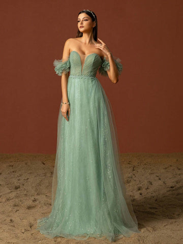 Vipgirl Off Shoulder Mesh Elegant Women Evening Dress, Light Green Wedding Dress
