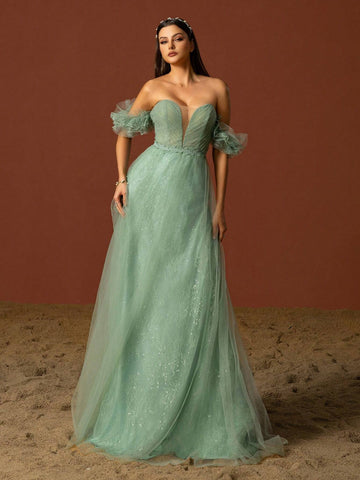 Vipgirl Off Shoulder Mesh Elegant Women Evening Dress, Light Green Wedding Dress