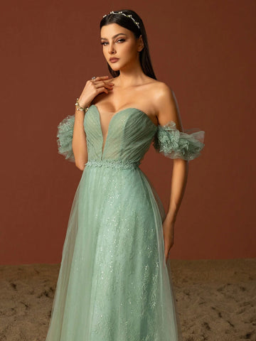 Vipgirl Off Shoulder Mesh Elegant Women Evening Dress, Light Green Wedding Dress