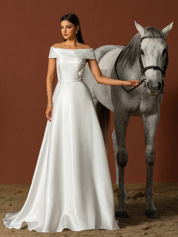 Vipgirl Simple One-Shoulder Strapless French Style Wedding Dress