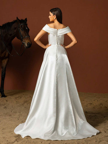 Vipgirl Simple One-Shoulder Strapless French Style Wedding Dress