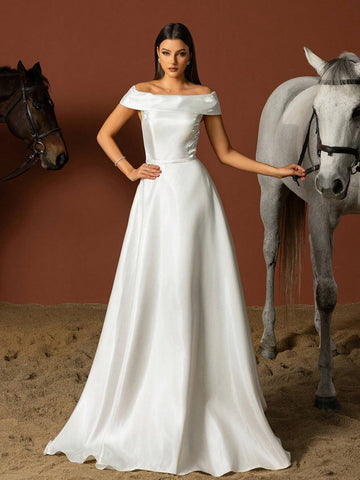 Vipgirl Simple One-Shoulder Strapless French Style Wedding Dress