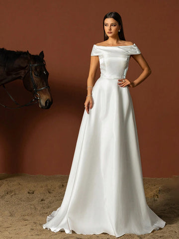 Vipgirl Simple One-Shoulder Strapless French Style Wedding Dress