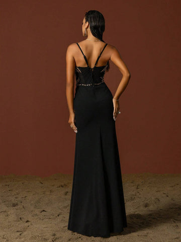 Vipgirl Sleeveless Black Mesh Elegant Women Evening Dress