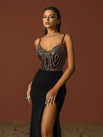 Vipgirl Sleeveless Black Mesh Elegant Women Evening Dress