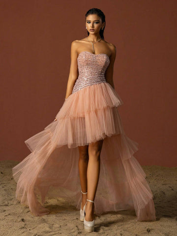 Vipgirl Strapless Glittery Sequin Mesh Overlay Elegant Evening Dress