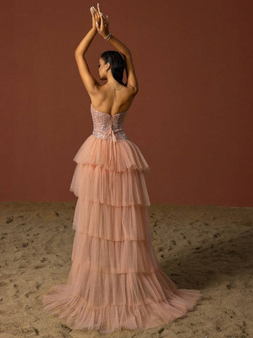 Vipgirl Strapless Glittery Sequin Mesh Overlay Elegant Evening Dress