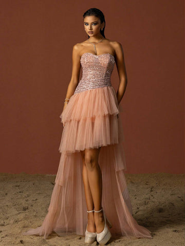 Vipgirl Strapless Glittery Sequin Mesh Overlay Elegant Evening Dress