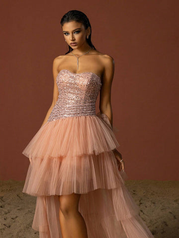 Vipgirl Strapless Glittery Sequin Mesh Overlay Elegant Evening Dress