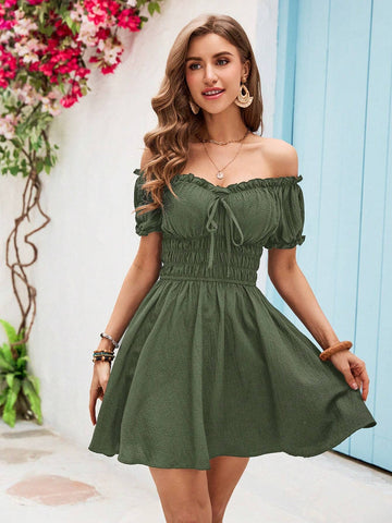 Vivid Eden One Line Shoulder Ruffles Waisted Summer Beach Women Dress