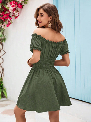 Vivid Eden One Line Shoulder Ruffles Waisted Summer Beach Women Dress