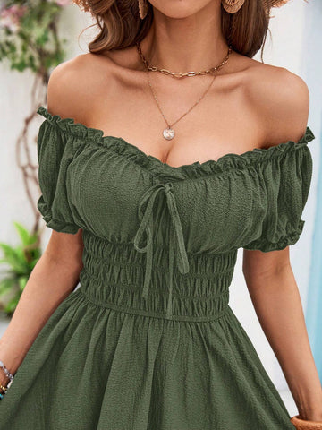 Vivid Eden One Line Shoulder Ruffles Waisted Summer Beach Women Dress