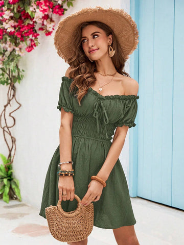 Vivid Eden One Line Shoulder Ruffles Waisted Summer Beach Women Dress