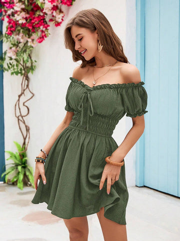 Vivid Eden One Line Shoulder Ruffles Waisted Summer Beach Women Dress
