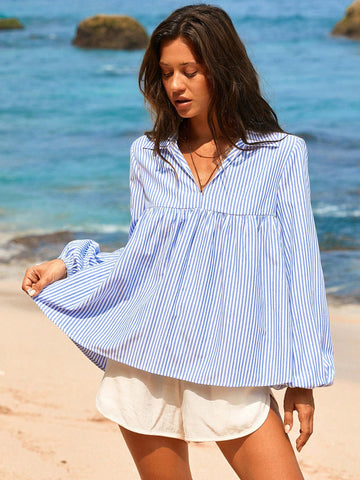 Vivid Eden Ruched Stripe Front Long Sleeve Women's Shirt