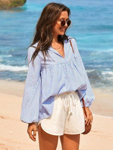 Vivid Eden Ruched Stripe Front Long Sleeve Women's Shirt