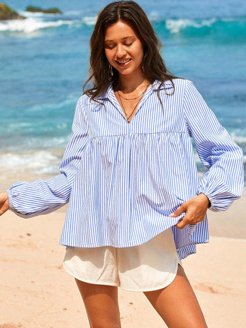 Vivid Eden Ruched Stripe Front Long Sleeve Women's Shirt