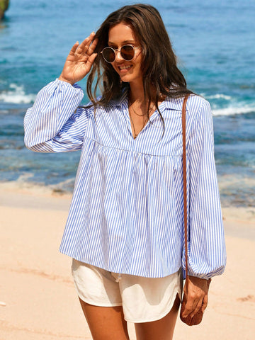 Vivid Eden Ruched Stripe Front Long Sleeve Women's Shirt