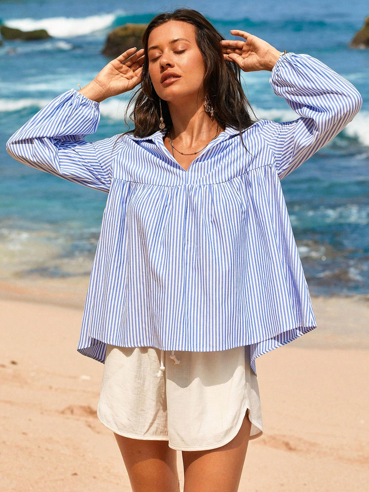 Vivid Eden Ruched Stripe Front Long Sleeve Women's Shirt