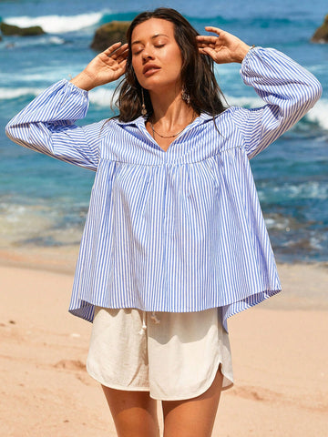 Vivid Eden Ruched Stripe Front Long Sleeve Women's Shirt